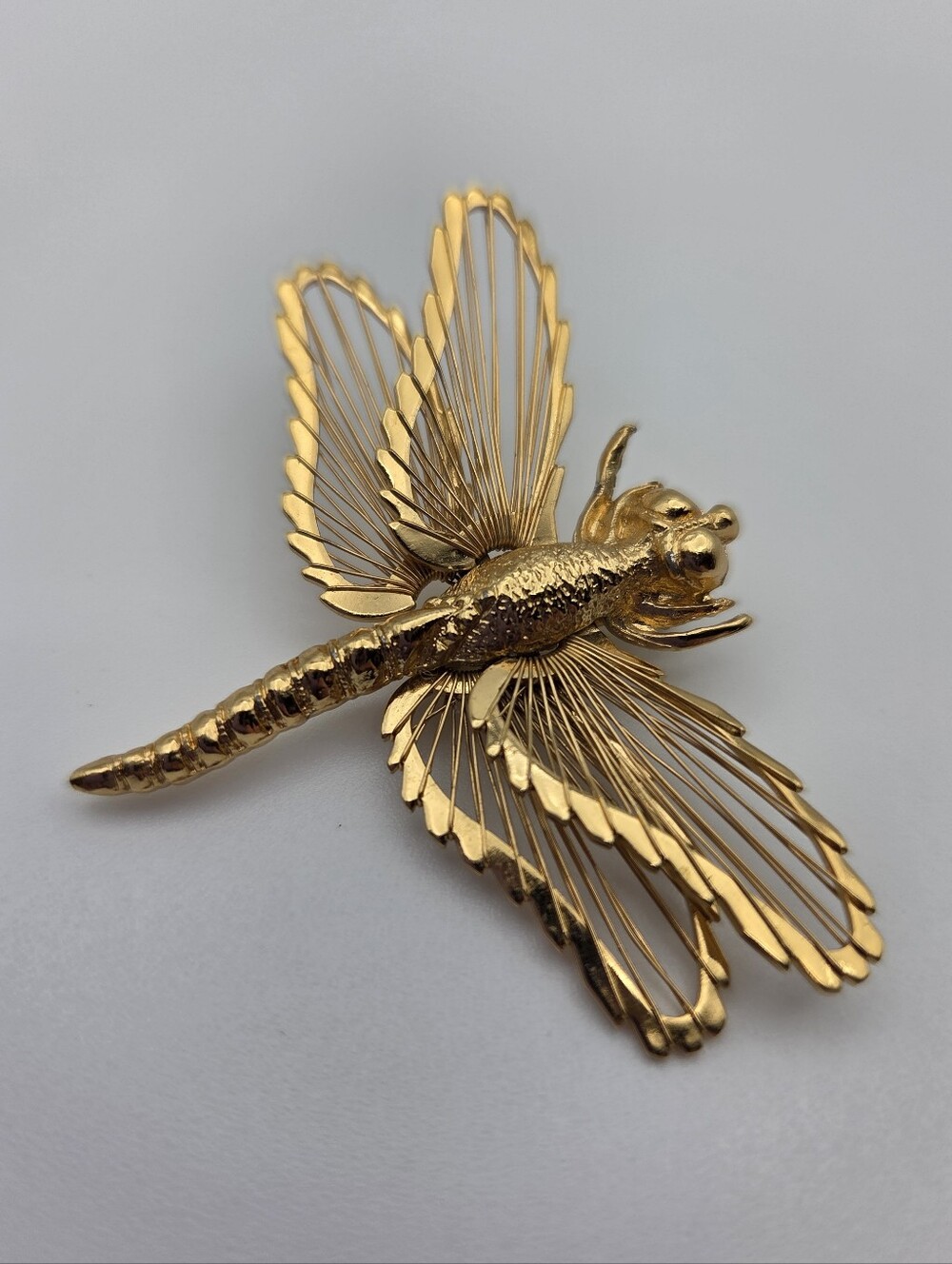 Vintage Monet Gold Tone Dragonfly Brooch Pin Openwork Wings Signed